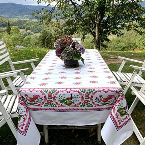 Beauville France Les Coqs (Roosters) French Cotton Silk Screen Tablecloth 53x55"